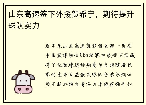 山东高速签下外援贺希宁，期待提升球队实力